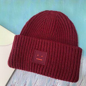 Acne Studios Burgundy Square Smiley Face Knitted Hat